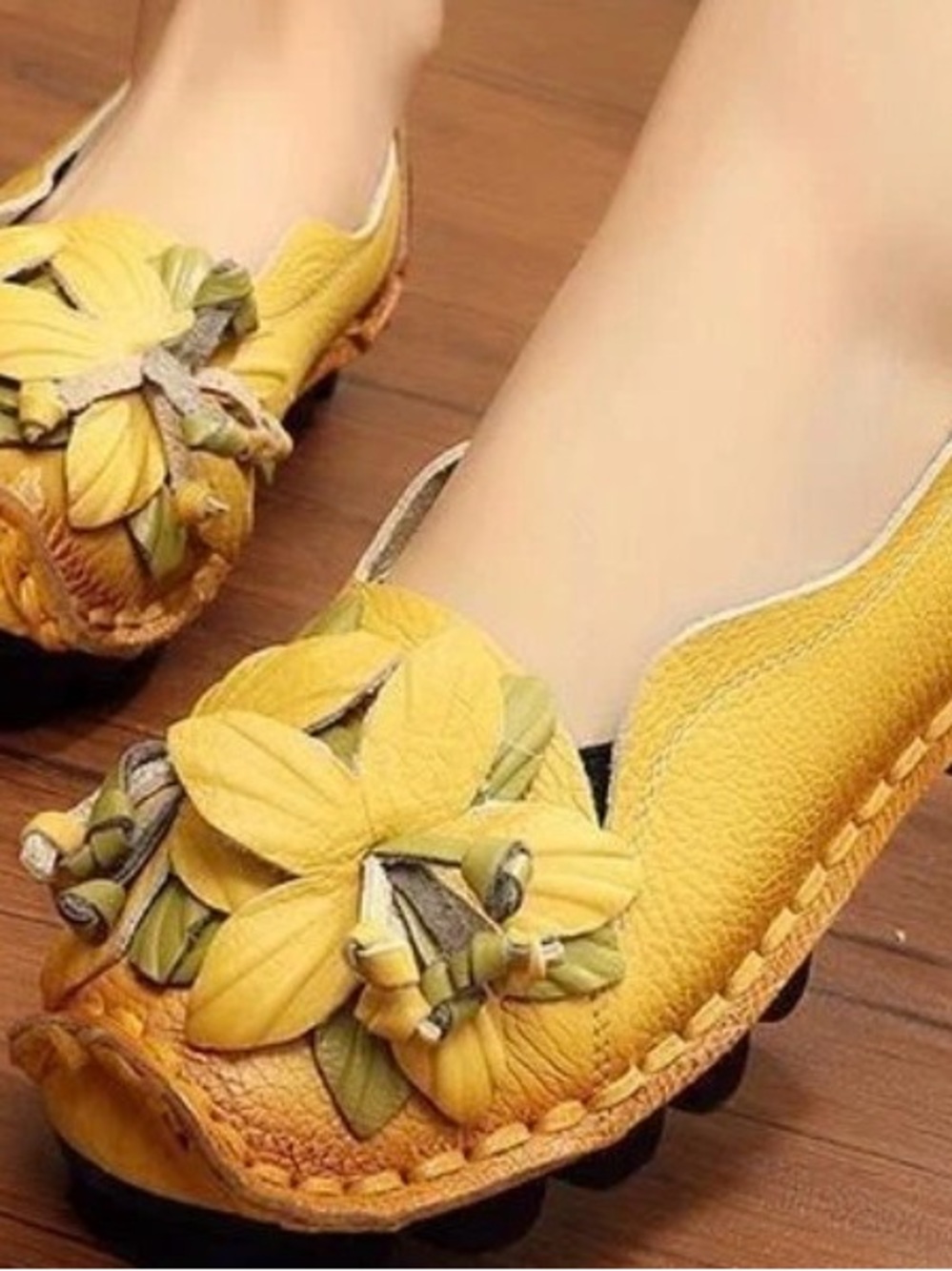 Socofy Yellow Floral Appliqué Soft Leather Women's Flats SZ 8 - Picture 10 of 13